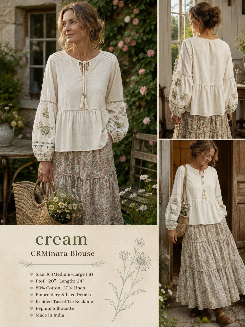 Cream Denmark CRMinara Cotton Linen Embroidered Boho Peplum Blouse M/L EU 36